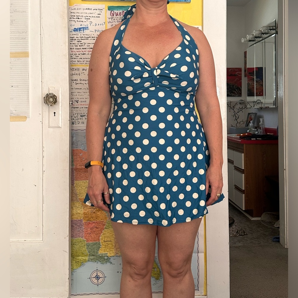 Cocoship retro blue with polka dot Swim suit/dress with attached shorts